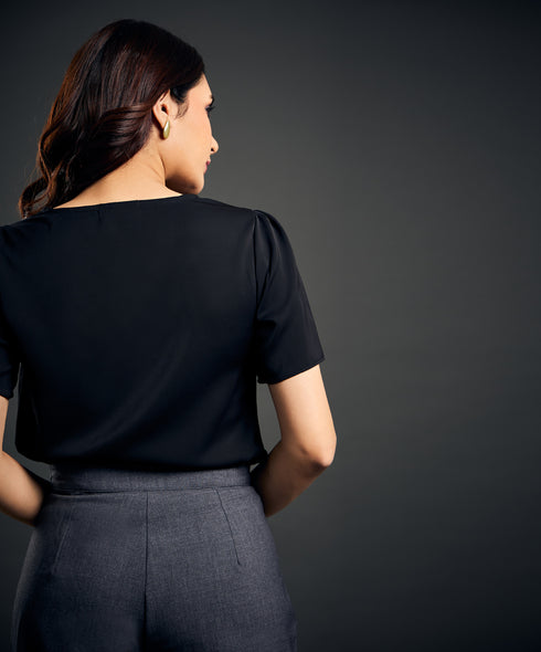 Solid Asymmetrical Neck Puff Sleeve Blouse